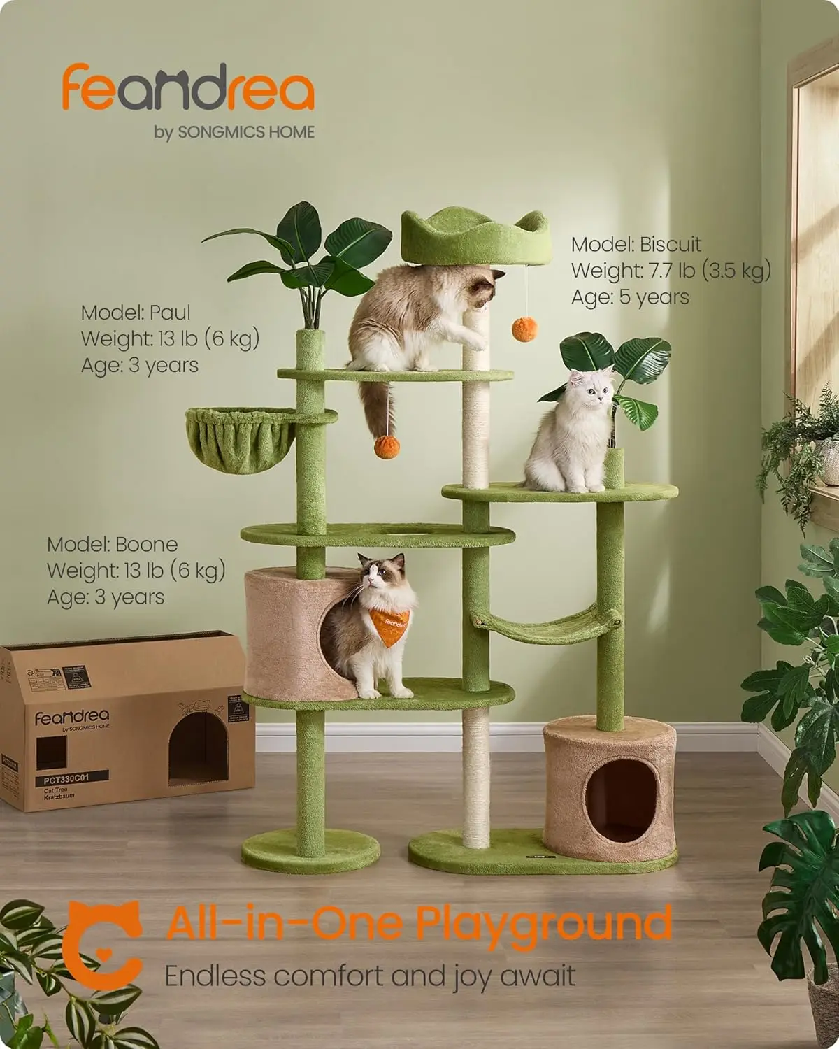 Cat Tree, 68.1-Inch Tall Cat Tower, Multi-Level Plush Cat Condo with Artificial Leaves, 3 Scratching Posts, 2 Pompoms with Bells