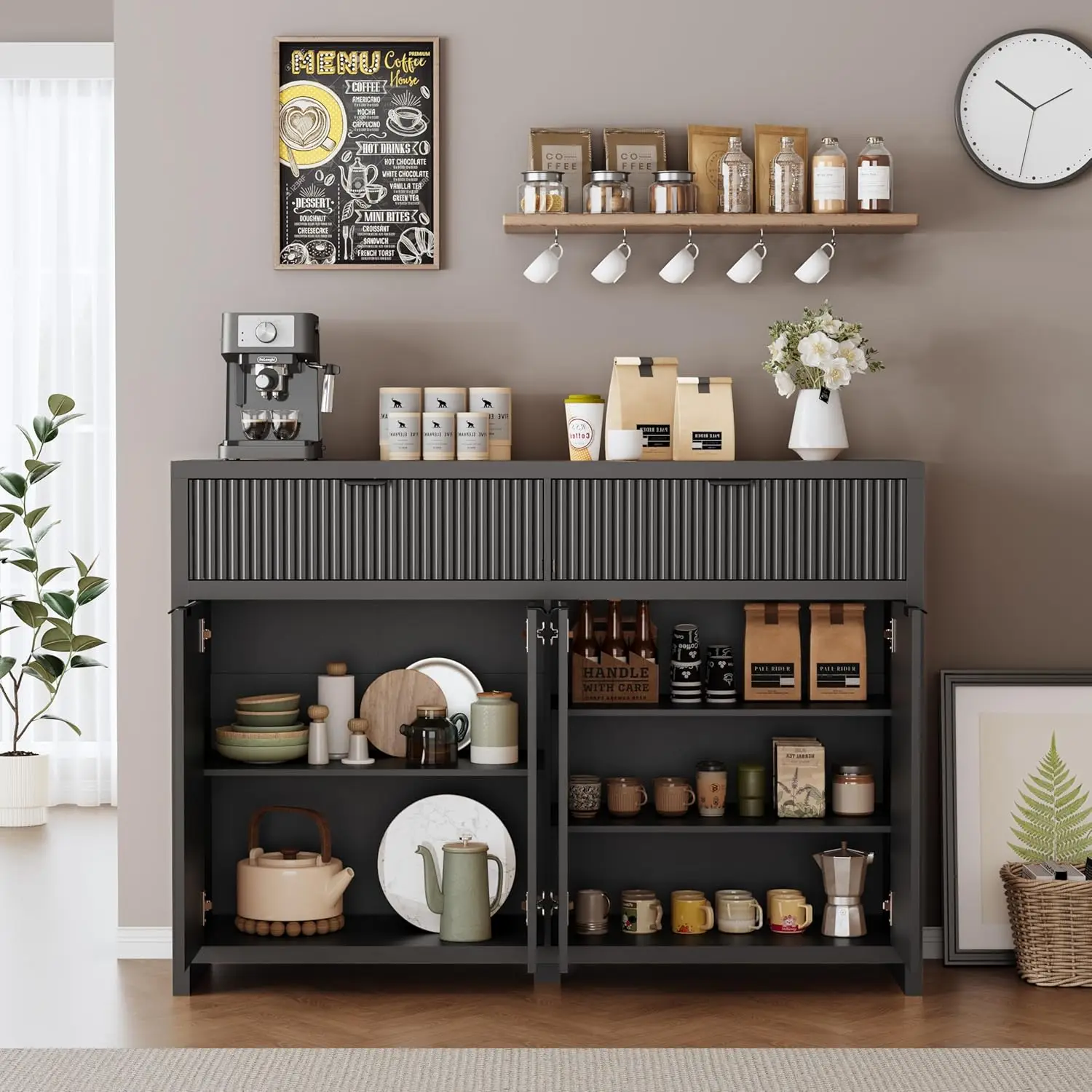 

Буфет-сервант 55 дюймов с рифленой отделкой, 2 ящиками, 4 дверцами, деревянный, для хранения, медиа-консоль, кофейный бар, на заказ