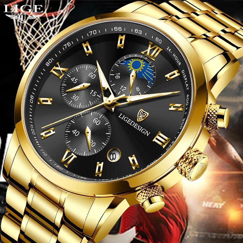 

LIGE 2023 New Watch For Men Luxury Gold Fashion Quartz Clock Analog Chronograph Sport Waterproof Wristwatch Relogio Masculino