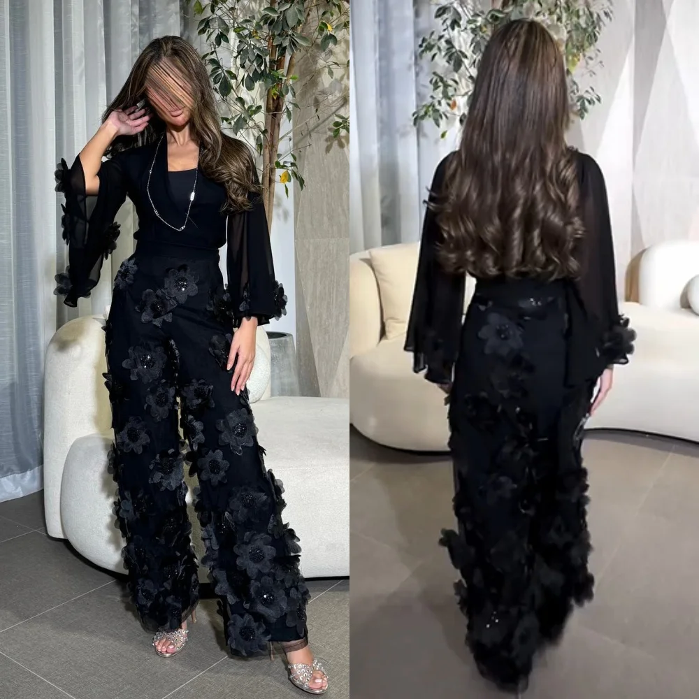 Robe de Bal Trapèze à Paillettes et Fleurs Appliquées en Jersey Personnalisé, Tenue Longue à Col Carré pour Occasions sur Mesure