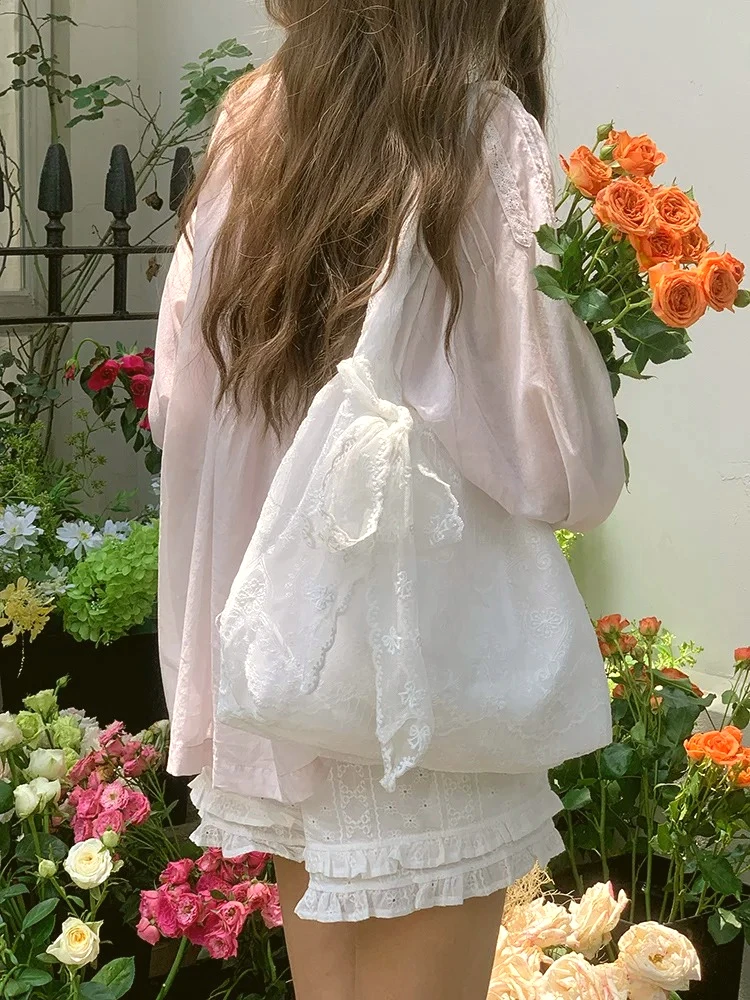 Sweet Lace Flower Women's Shoulder Bag Large Capacity Female Fairy Tote Vest Bag Commuter Girls Floral Armpit Bag Travel Handbag