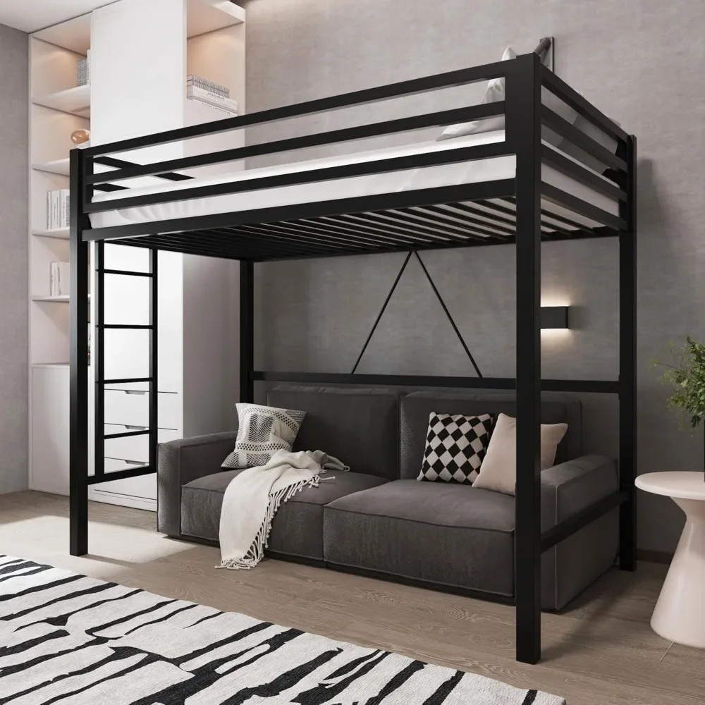 Metal Loft Bed Twin Size with Full Length Guardrail No Box Spring Needed Bed Frame