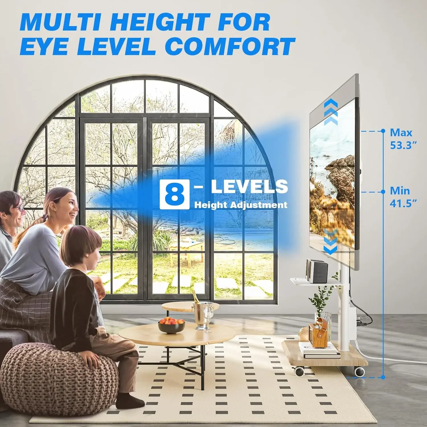 Изящная подставка для телевизора на колесиках с розеткой для домашнего декора, портативная подставка для телевизора с регулируемой высотой на колесах для телевизоров 32-70 дюймов