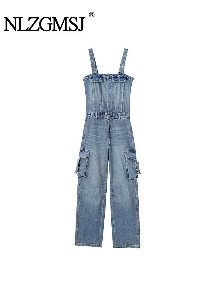 

Nlzgmsj TRAF Autumn Women Retro Denim Overalls Jumpsuit Street Wide-Leg Pants Slim Multiple pockets Versatile Sweets Ladie