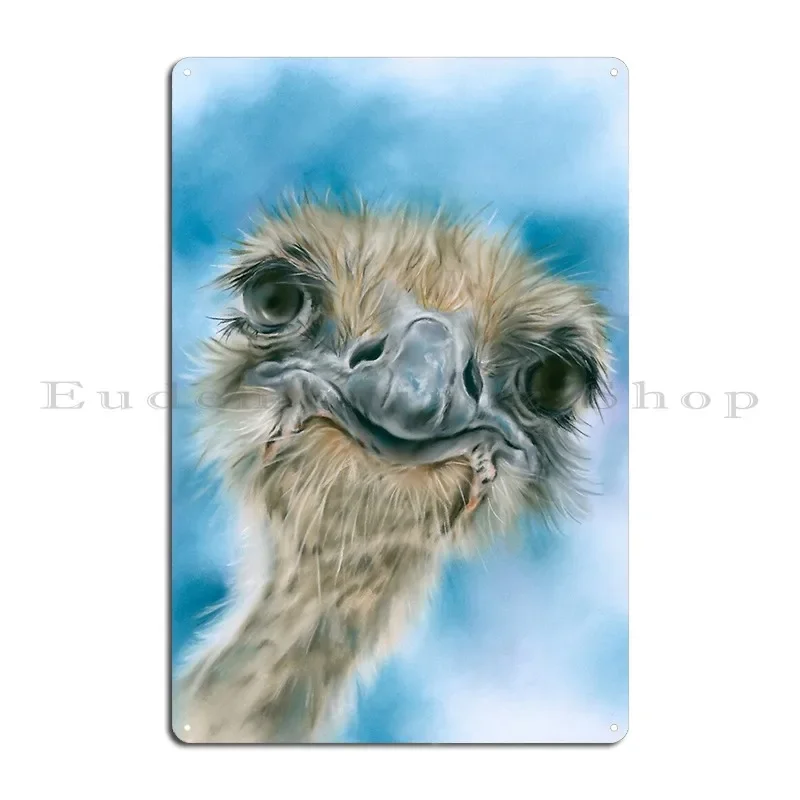Curious Ostrich Whimsical Bird Portrait Mmandersonart Metal Plaque Poster Print Painting Wall Mural Kitchen Tin Sign Poster