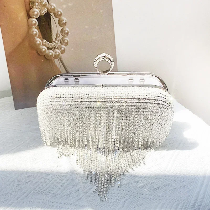 Goldlen Crystal Tassels Evening Bags Women's One Side Beading Blingbling Handbag Ladies Formal Wedding Party Clutch Purse