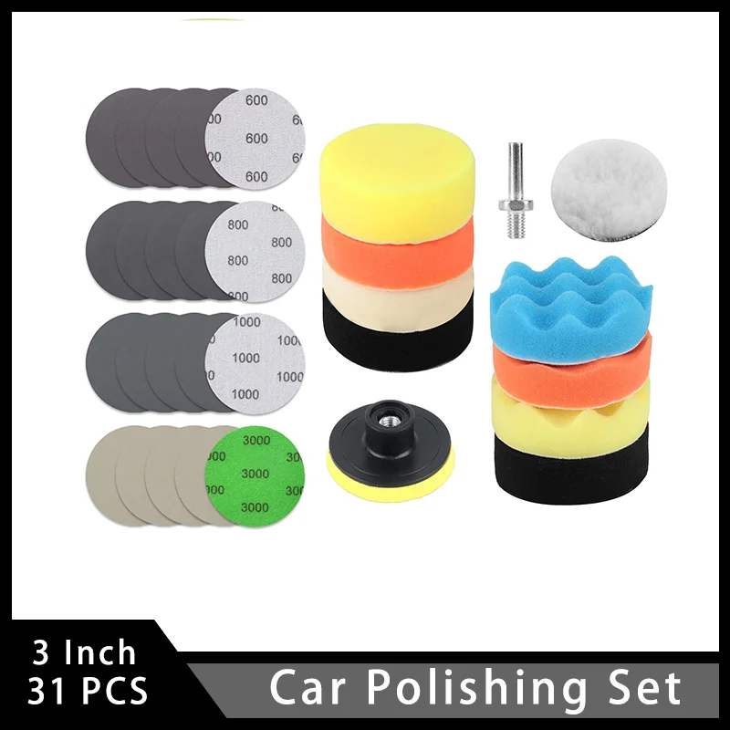 

3 Inch Car Polishing Set 31 Pcs with Wet and Dry Sandpaper Assorted 600-3000 Grit Hook and Loop for Polishing and Sanding Car