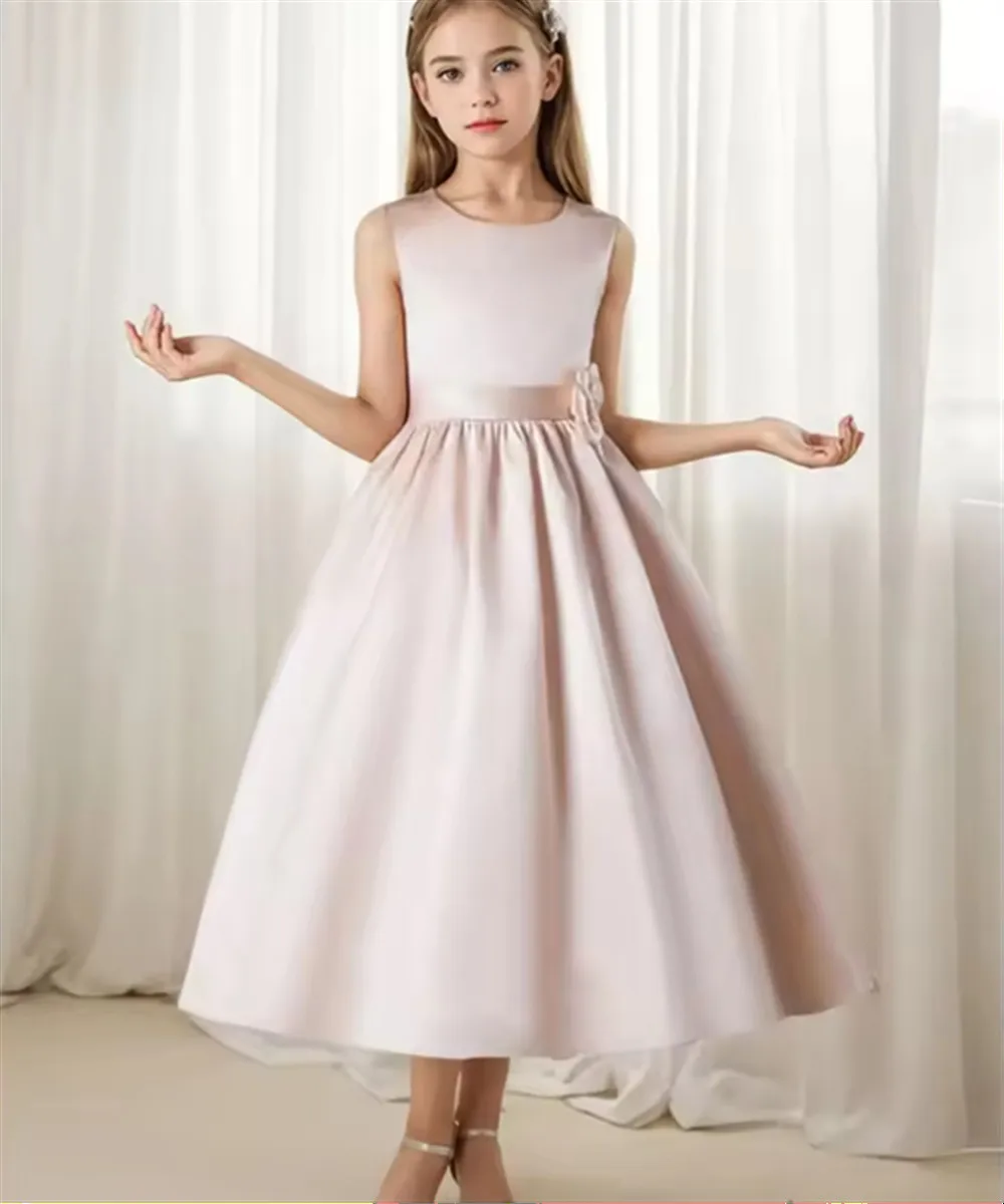 

Elegant Satin Flower Girls Wedding Dress Sleeveless 3D Floral Belt Kids Concert Costume Matching Host Dress Birthday Party Gown