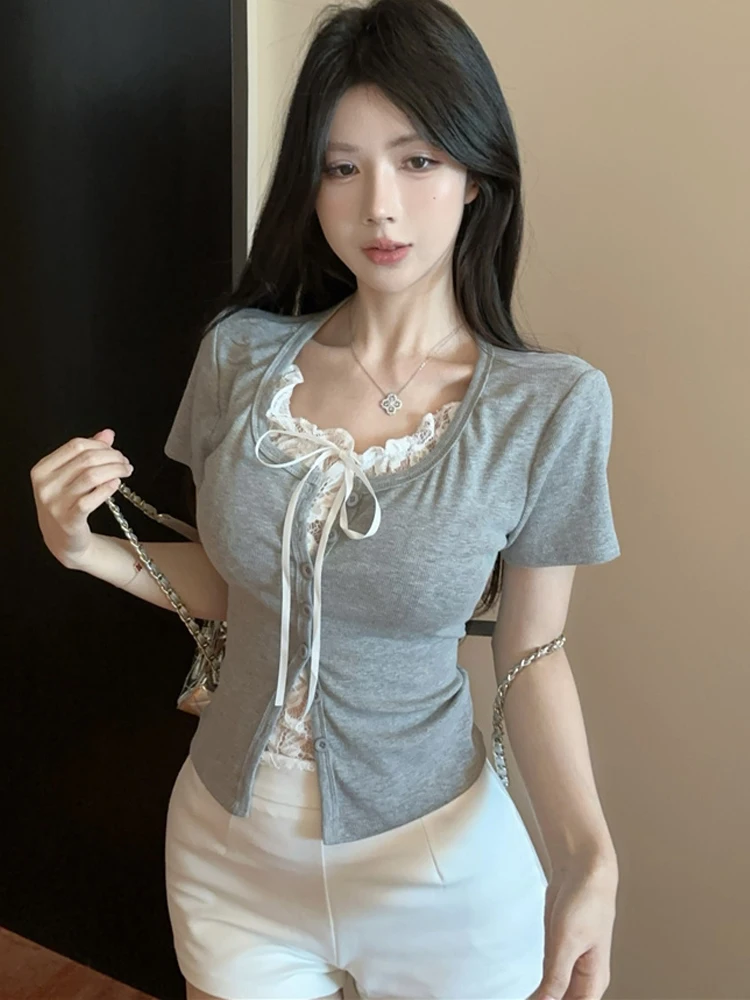

Korean Sle Chic Pure Desire Lace T-irt Women's Summer Fake Two-Piece High-End Unique Beautiful Top ort Sve round Ne