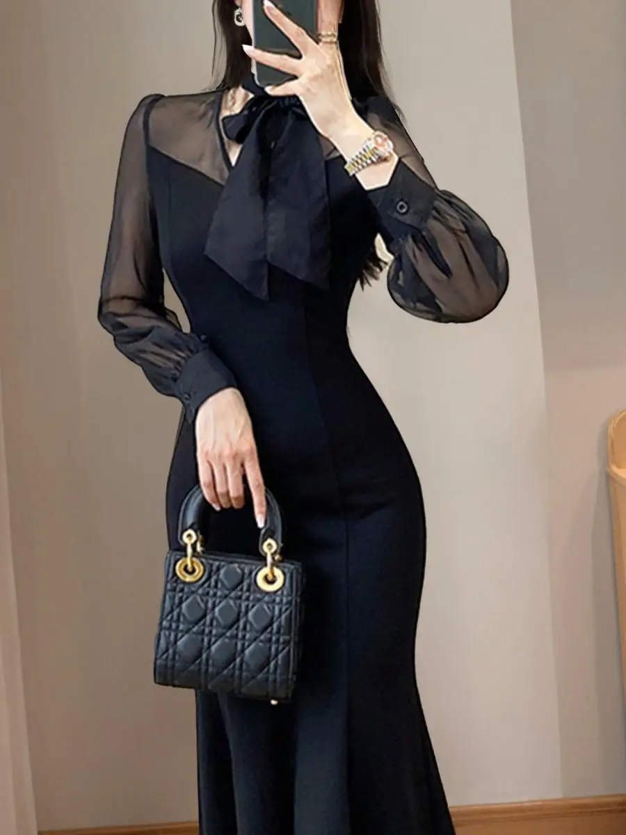 Ele Bla Fi Tail Dr High Waist A-Line Skirt Long Sve Vintage Sle Formal Gown Spring New Arrival Women's Faion