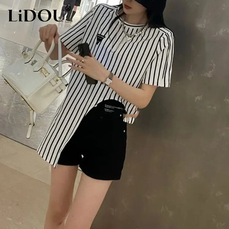 

2023 Summer New Round Neck Short Sleeve Striped T-Shirts Women Fashion Loose Casual Asymmetrical Pullovers Korean Style Tops