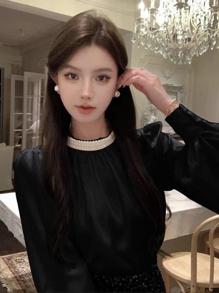 Vintage Satin finish Beads Women Black Shirt Elegant Fashion Stand Collar Long Sleeve Blouses Loose Lady Blouse Autumn Spring