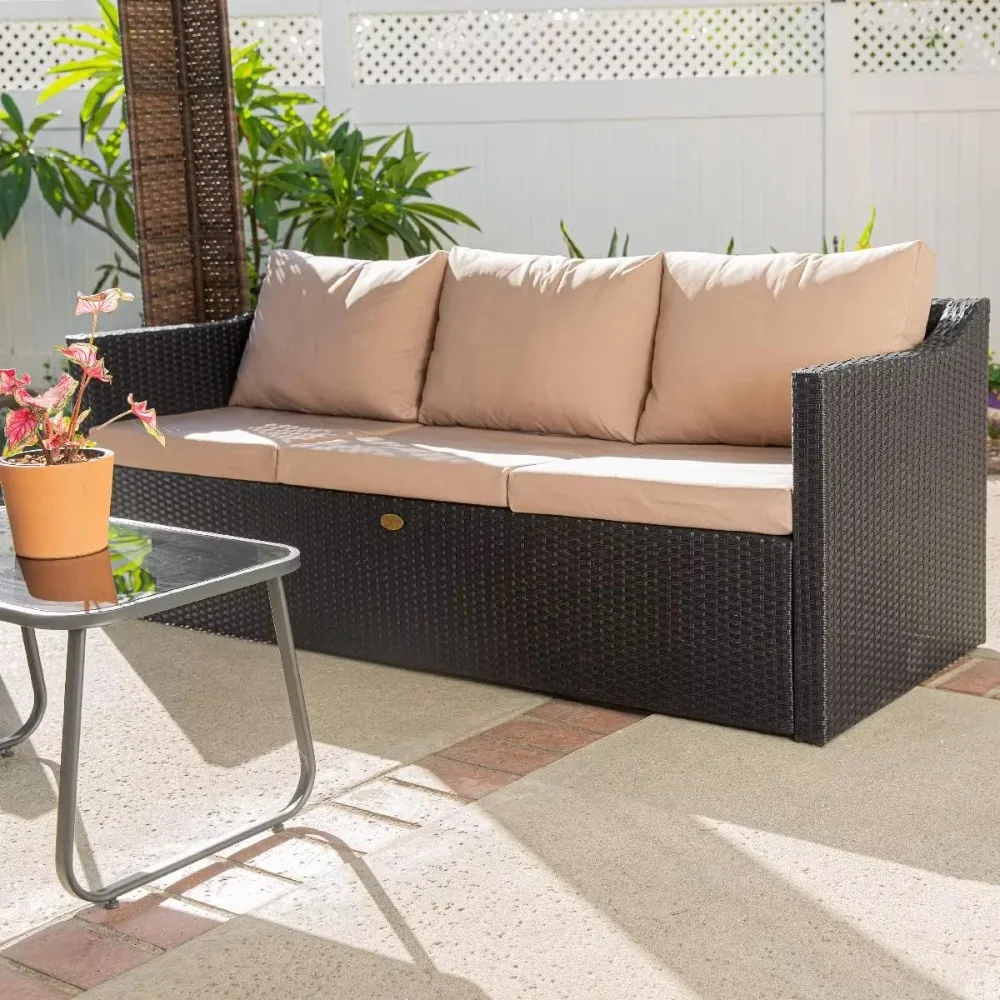 Outdoor Wicker 3-Person Sofa W/Cushions, Additional Seats for Sectional Sofa, Porch and Poolside, Black/Beige