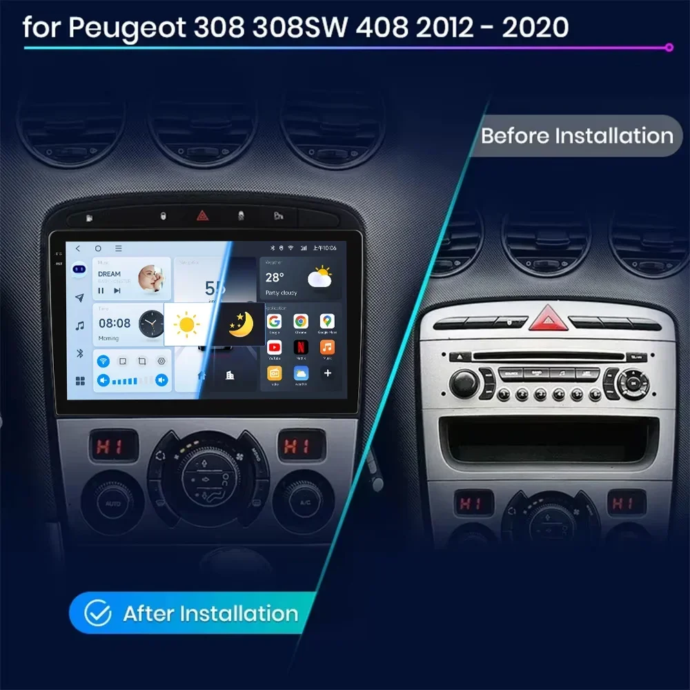 JIUYIN Wireless CarPlay Andorid 15 Auto Car Radio For Peugeot 308 408 2007-2015 AI Voice Multimedia GPS 2din radio