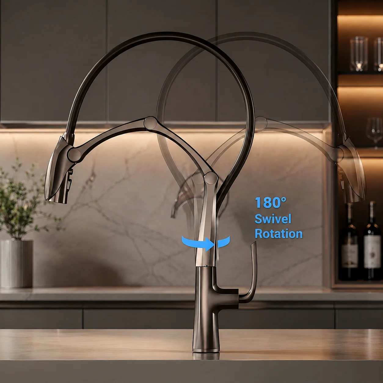 luxury, gun gray, brass, kitchen faucet, magnetic pull out, touchless sensor, 3-function spray, hot cold, dual sink, high press