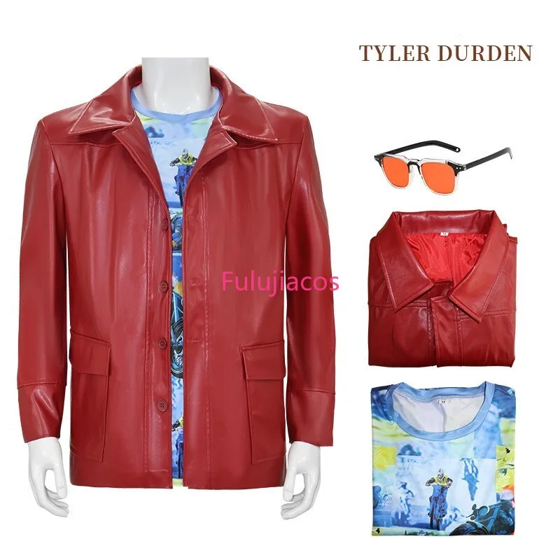 

Fulujiacos Tyler Durden Cosplay Costume Brad Biker Leather Jacket Shirt Glasses