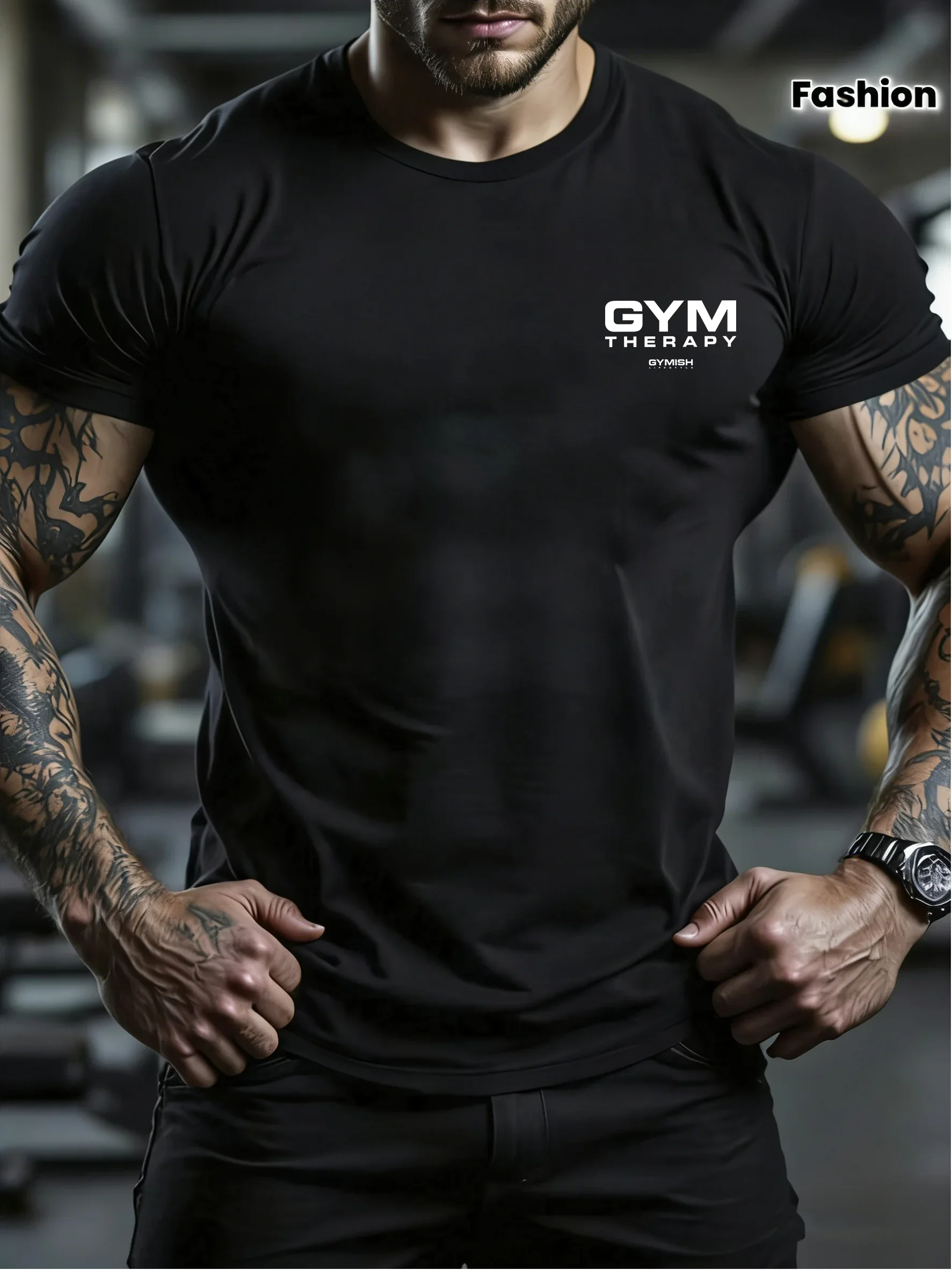 Fashion GYM THERAPY Small Chest Letter Graphic T Shirt for Men Fitness Training Minimal Crew Neck Short Sleeve Dark Gray Tee Top