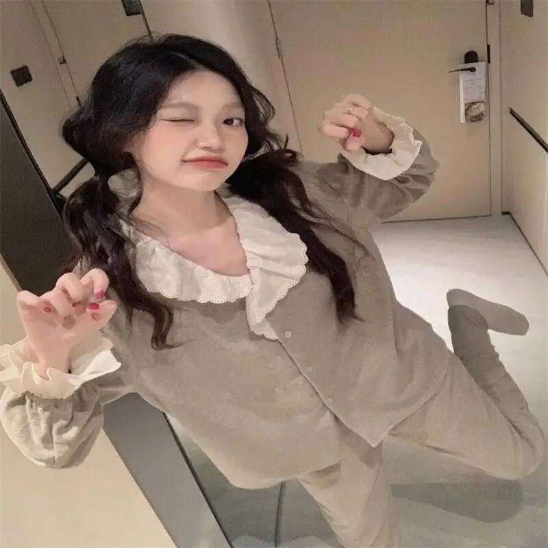 

Pajamas Korean Style Simple Style Pajamas for Women Autumn and Winter Trousers Lace Edge Girls Dormitory Student Home Wear Set