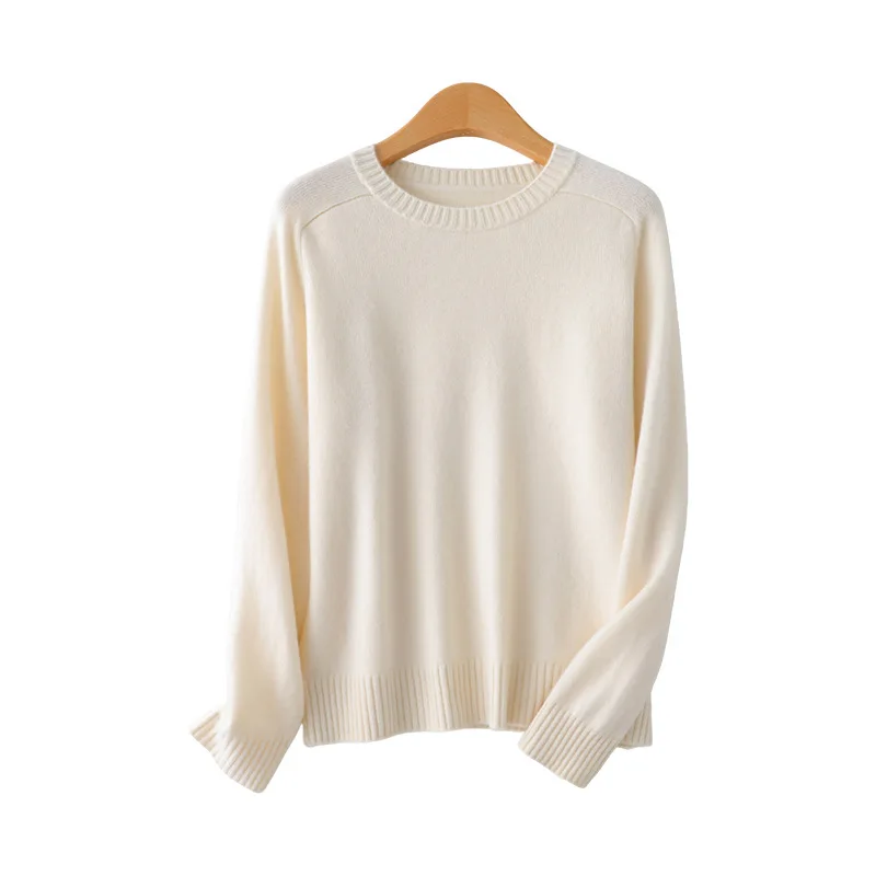Suéter informal de punto para mujer, Otoño/Invierno, 100% de Cachemira, cuello redondo, manga larga, hombros descubiertos, suelto, Color sólido, moda