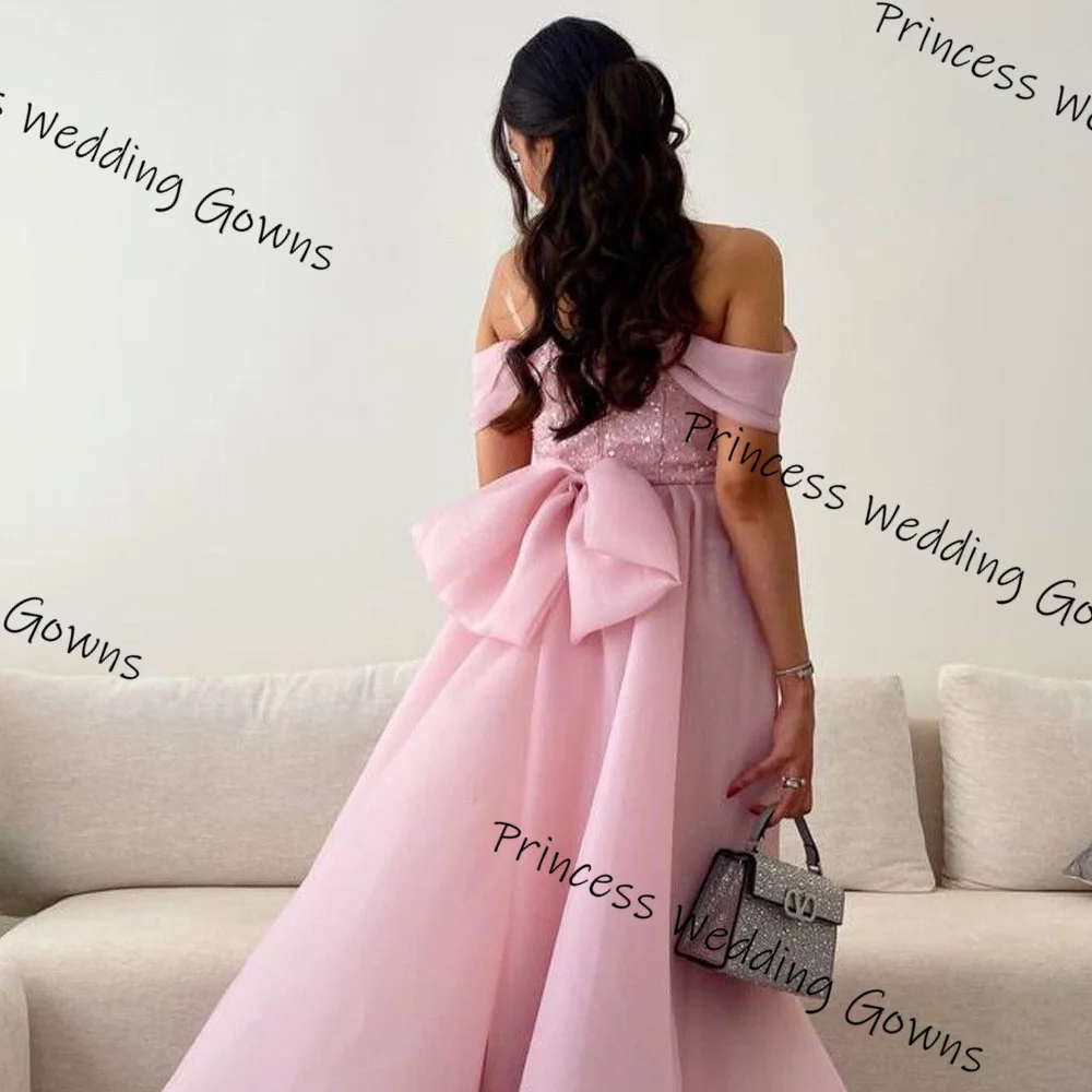 Customized elegant Pink Bow Chiffon Sweep Train Prom Dresses Off the shoulder Sequined ornament Sleeveless Weeding Guest Dresses