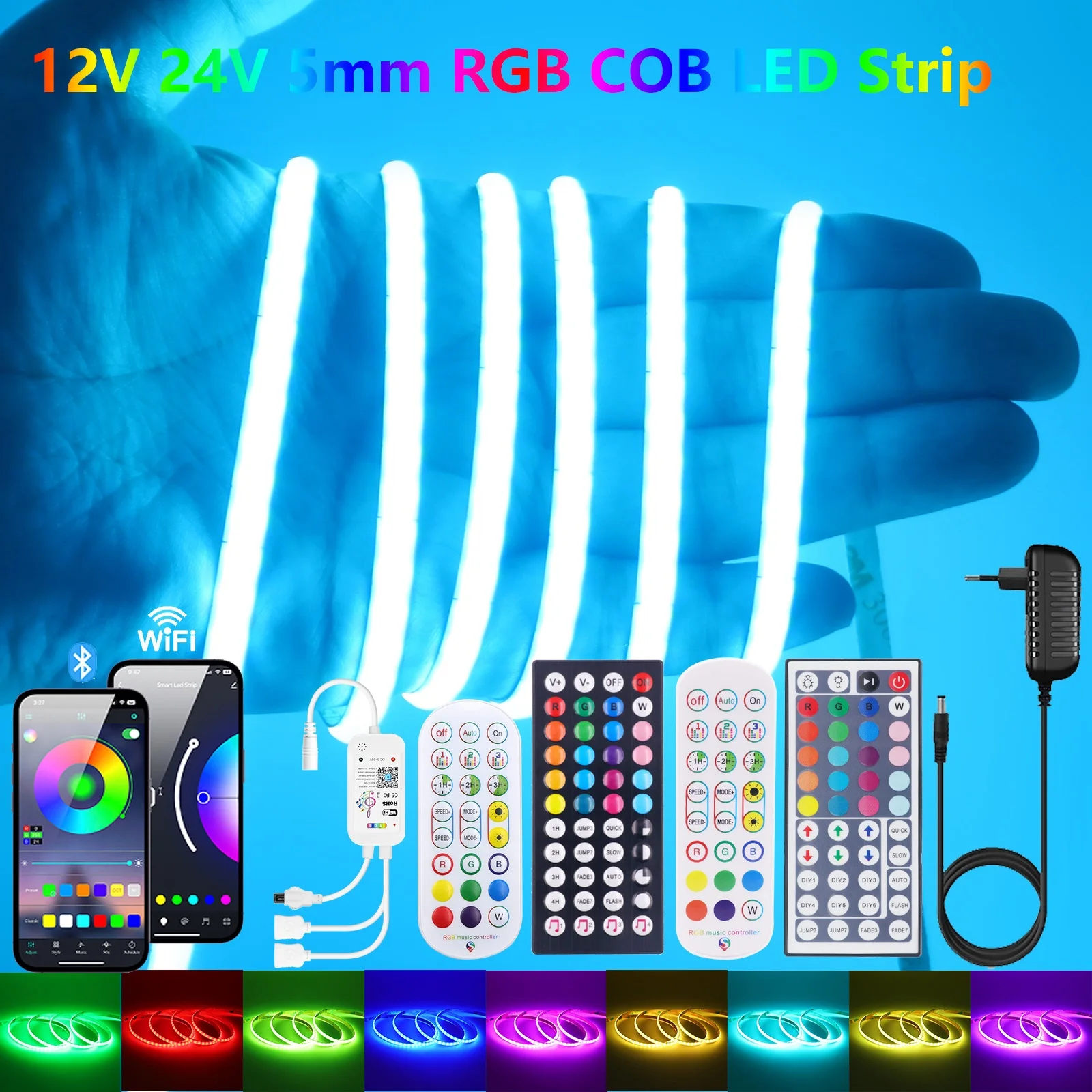 

Светодиодная лента RGB COB 12 В 24 В 576 светодиодов/м Wi-Fi Bluetooth Пульт дистанционного управления 5 мм Гибкая лента для печатной платы Красочный декор комнаты 0,5 м 1 м 2 м 3 м 4 м 5 м