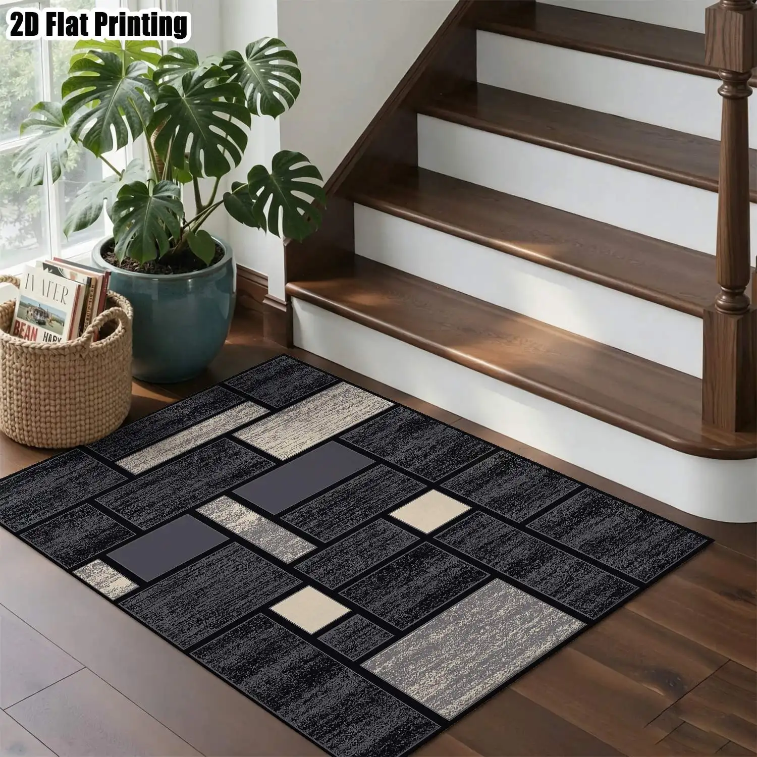 1Pc 2D Printed Blue-Grey Geometric Nordic Modern Minimalist Instagram-Style Carpet, Machine Washable, Multi-Size, Suitable for Entrance, Dining Room, Living Room, Bedroom, Etc