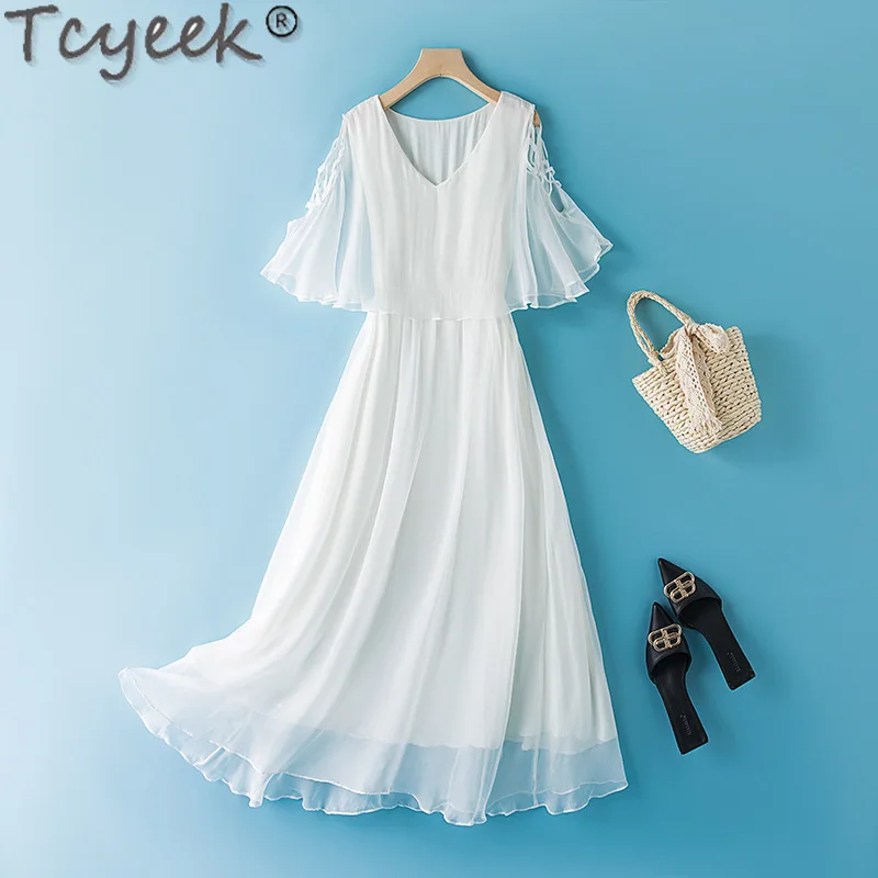 Tcyeek-Vestido De playa De seda De morera auténtica para Mujer, ropa elegante y bonita De verano, 100%