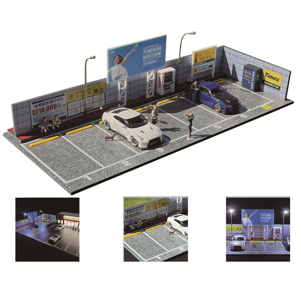

1/64 Scale Diecast Car Garage Diorama Miniatures Models LED Parking Scene Display Case for Collectible Model Car Collection Box