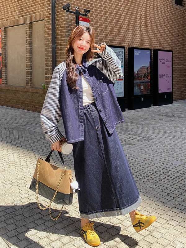 

Casual Plaid Patchwork Denim Top And Wide Leg Pants Women's Spring Autumn Fashion Set Young Looking Two Piece Suit