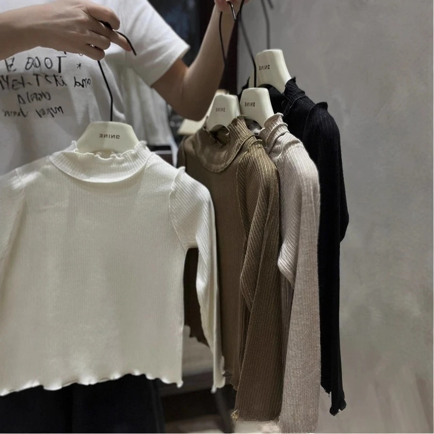 

Футболка с полуводолазкой для девочек, однотонный универсальный топ, осень 2023 г.