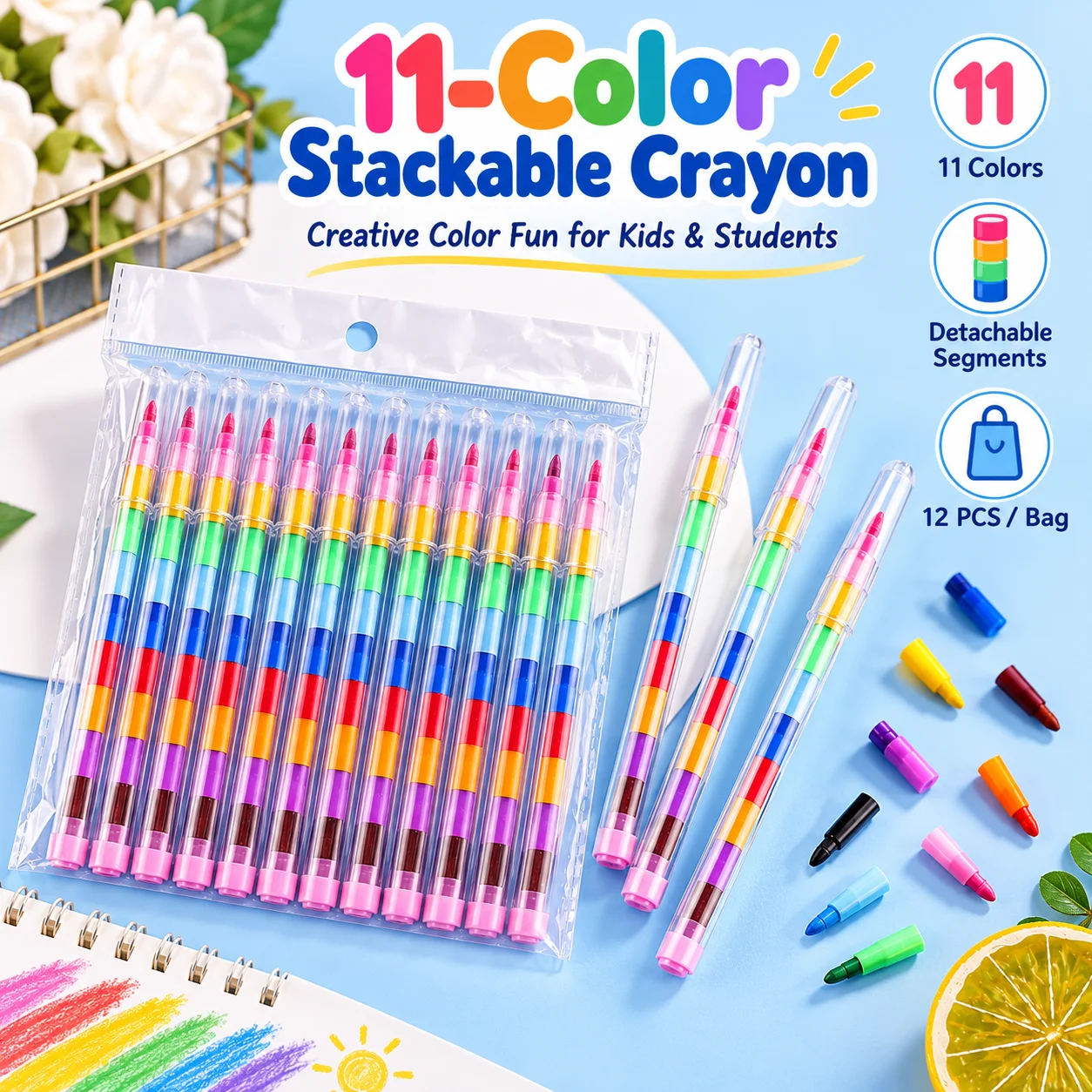 11 Colors Stackable Crayon Pen Creative Drawing Tool Kids Art Supplies DIY Coloring Pencil Set School Gift