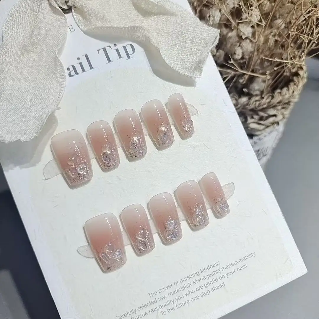 10pcs Short Squarefake Nails With Heart-Shaped Rhinestone Paillette Design Acrylic Nail Press Type Full Coverage Fake Nails image 2