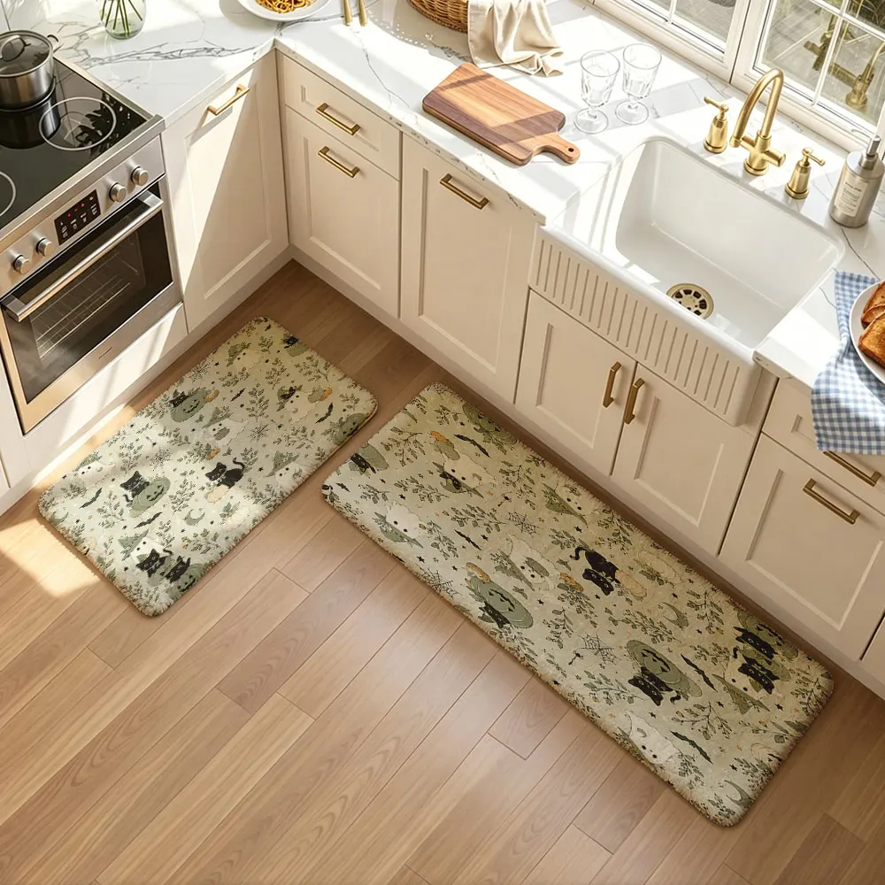 2pcs plush kitchen floor mats with Halloween ghost, black cat, pumpkin waterproof oil-resistant and water-absorbent