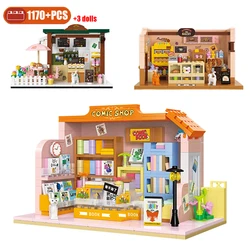 Mini City Street View Coffee Houses Building Blocks MOC Kitten Bakery Library Desktop Ornaments Toy Bricks Friends Children Gift