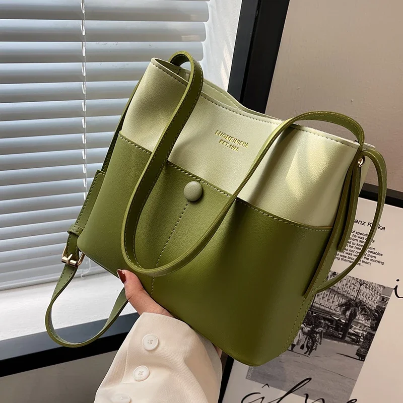 

Korean Large Capacity Contrast Color Bucket Bag for Women 2023 New Spring Autumn Crossbody Shoulder Bags Chic Commute Totes