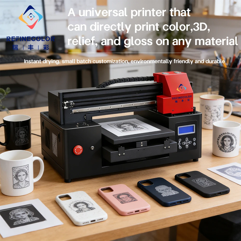 Refinecolor ZZ1S 3A+ UV printer CMYKWW paired with Epson F1080 nozzle 3D Embossed Printing 2880dpi resolution phone case glass
