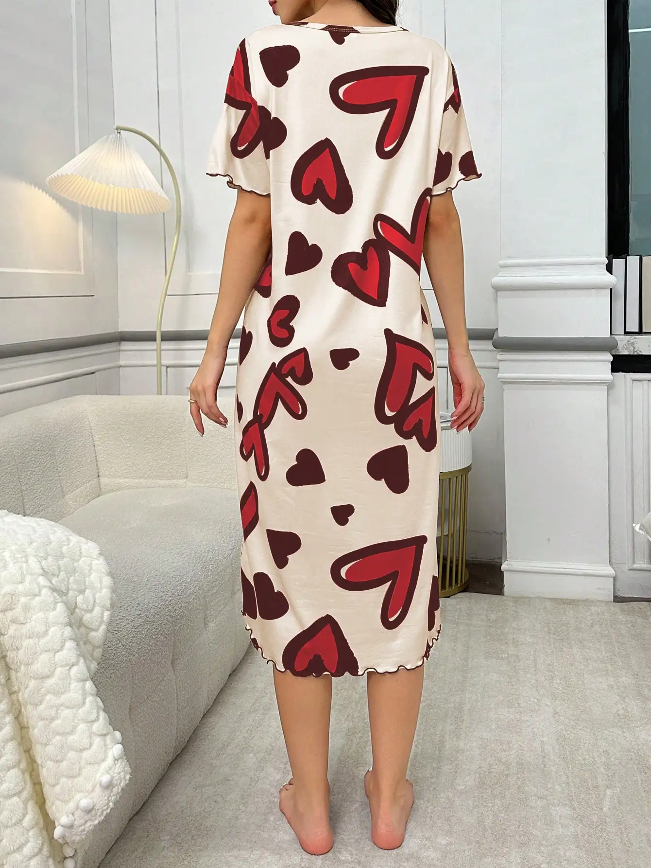 \Women's Summer Milk Silk Heart Night Dress Loose Short Sleeve Casual Loungewear Soft Skin-Friendly Breathable Comfort Sleepwear