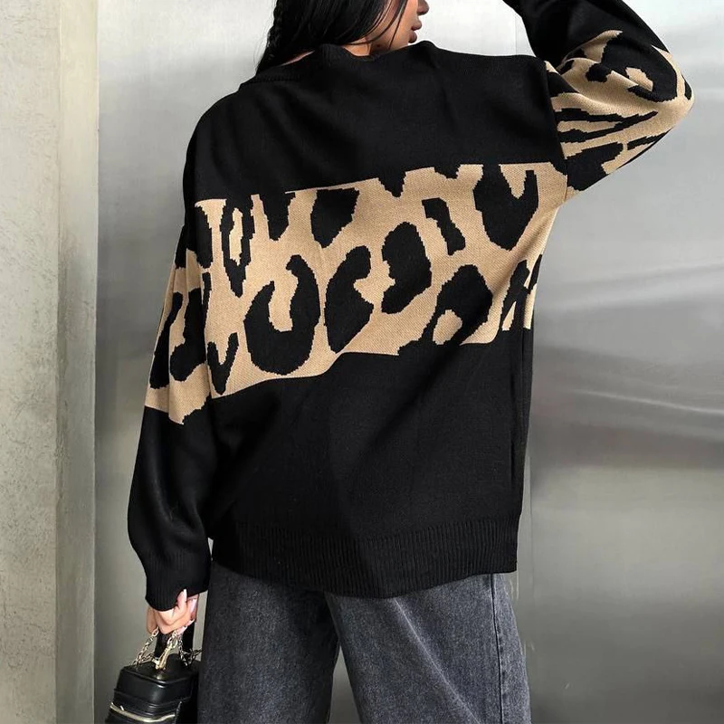 BKLD-Conjunto de Otoño Invierno para mujer, Tops Vintage de leopardo contrastante, jersey holgado con cuello redondo, suéteres informales gruesos y cálidos