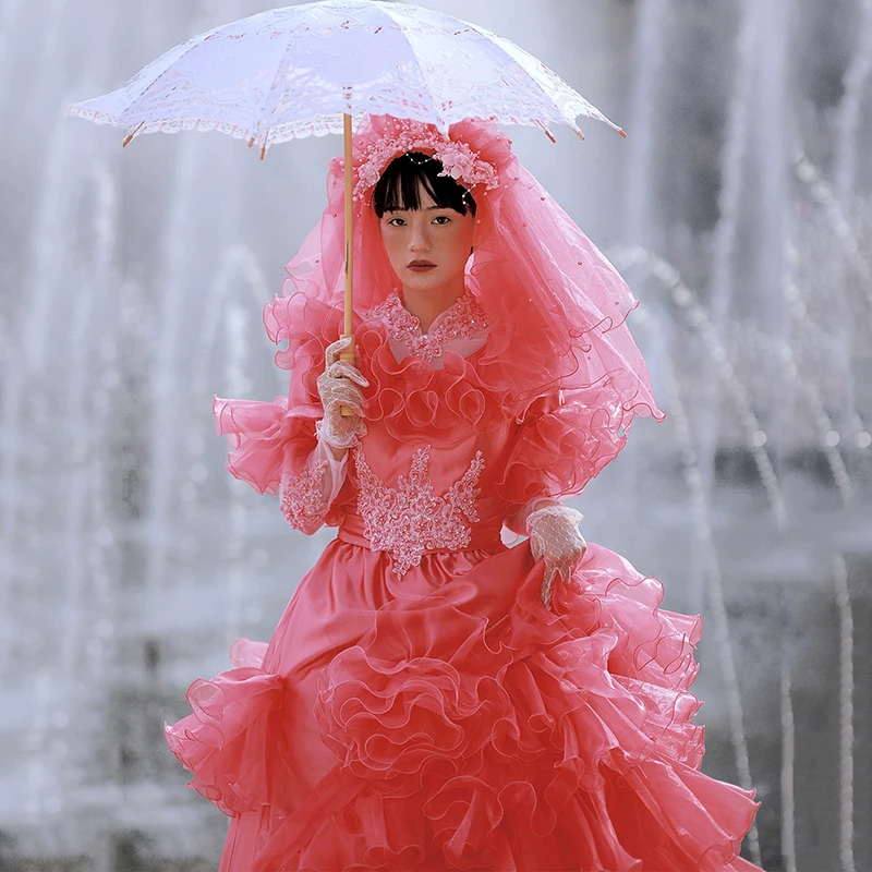 AnXin SH-vestido de novia vintage, princesa sandía, volantes de encaje rojo, hecho a mano, cuentas de flores de cristal, manga larga abullonada, antiguo, LZ