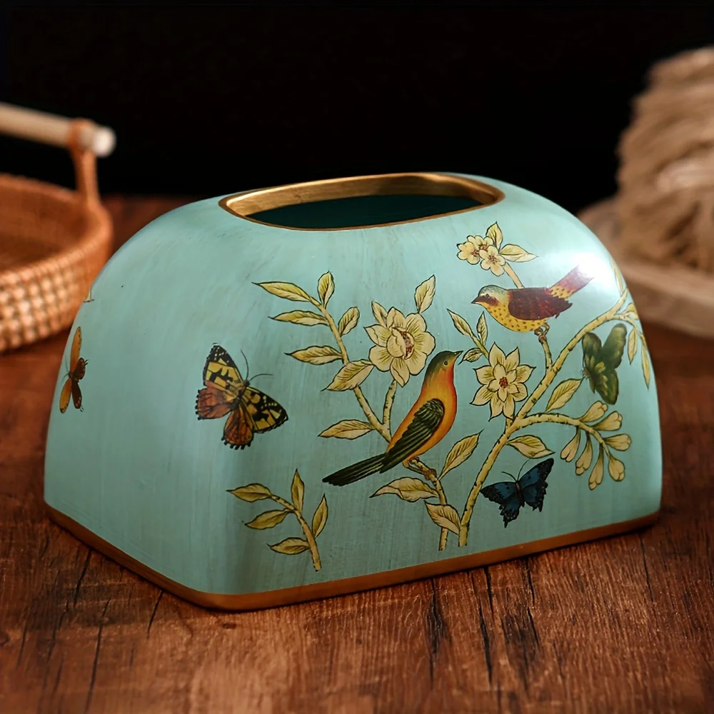 

1pc Elegant Ceramic Tissue Box with & Bird - Blush Pull-Out Paper Holder for Home, Office, Dining Table - Decorative Toilet