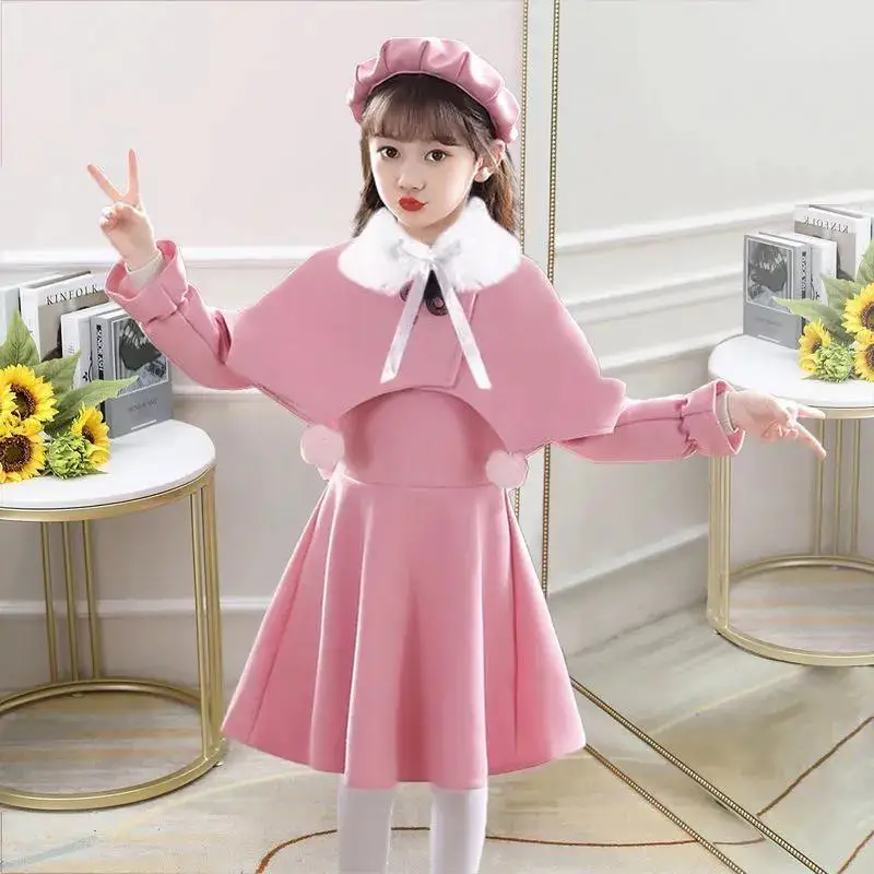 

Girls' Princess Dress 2024 New Western Style Winter Fleece-Lined Thick Wool Three-Piece Suit for Middle and Big Children