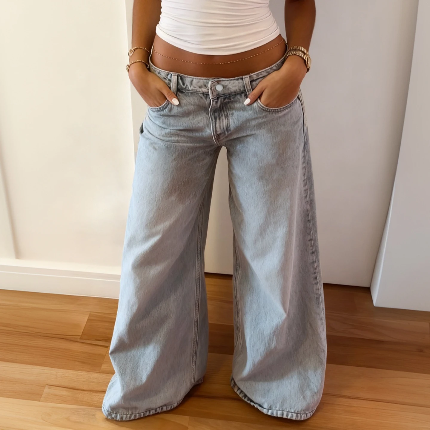 Casual Washed Light Blue Loose Button-Fly Jeans Women Fashion All Match Straight Full Length Denim Trousers Streetwear Bottoms