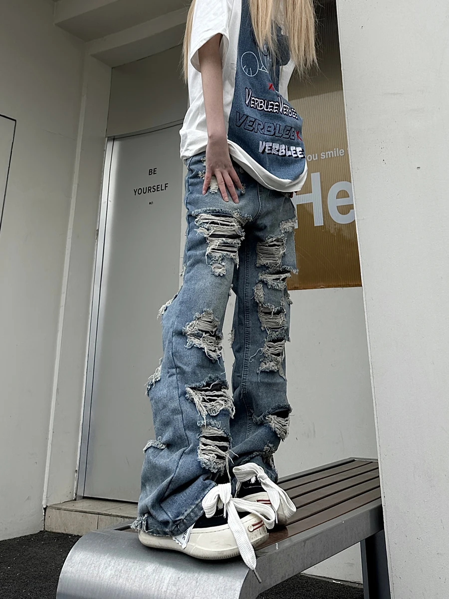 

Curry Person's New American Retro High Street Trendy Design Small Hole Denim Jeans Women's Spring Summer Casual Long Pants