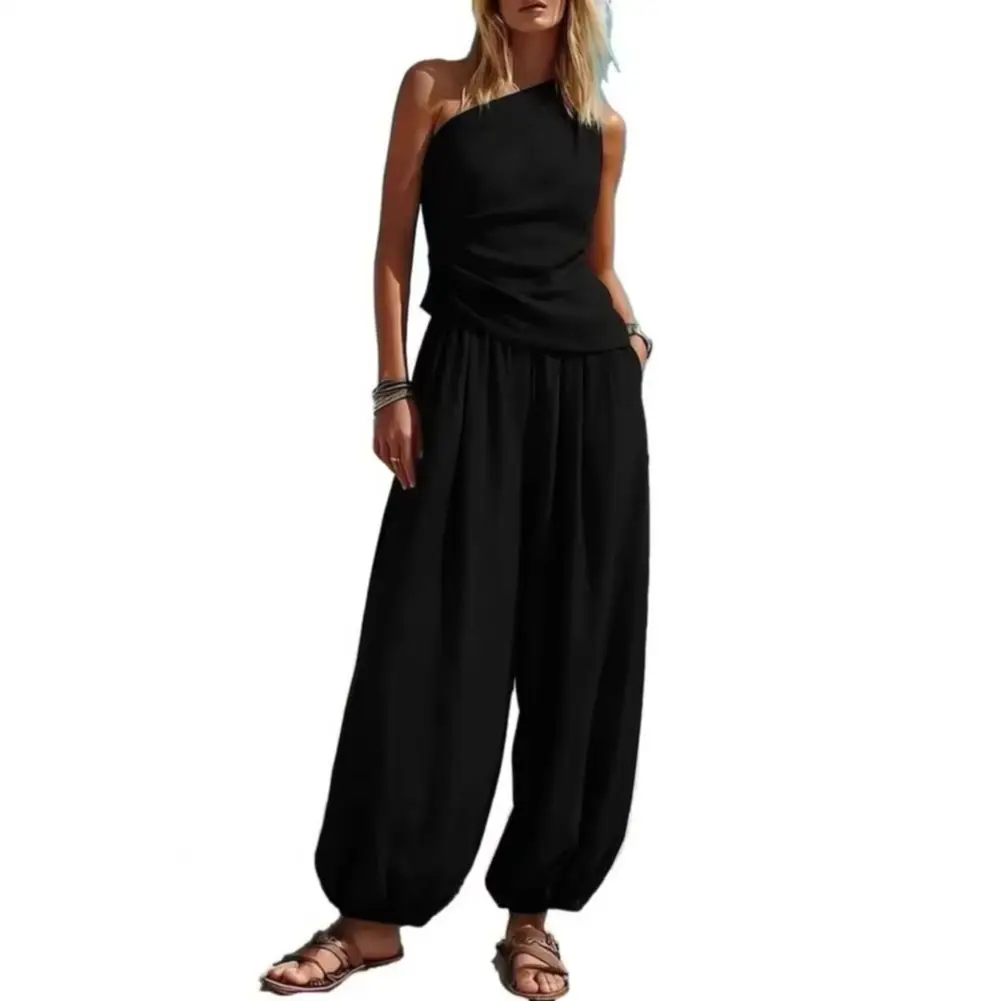 Women Tank Top Pants Two Piece Set Summer One-shoulder Sleeveless Shirt Trousers Loose Casual Top Pants Suit