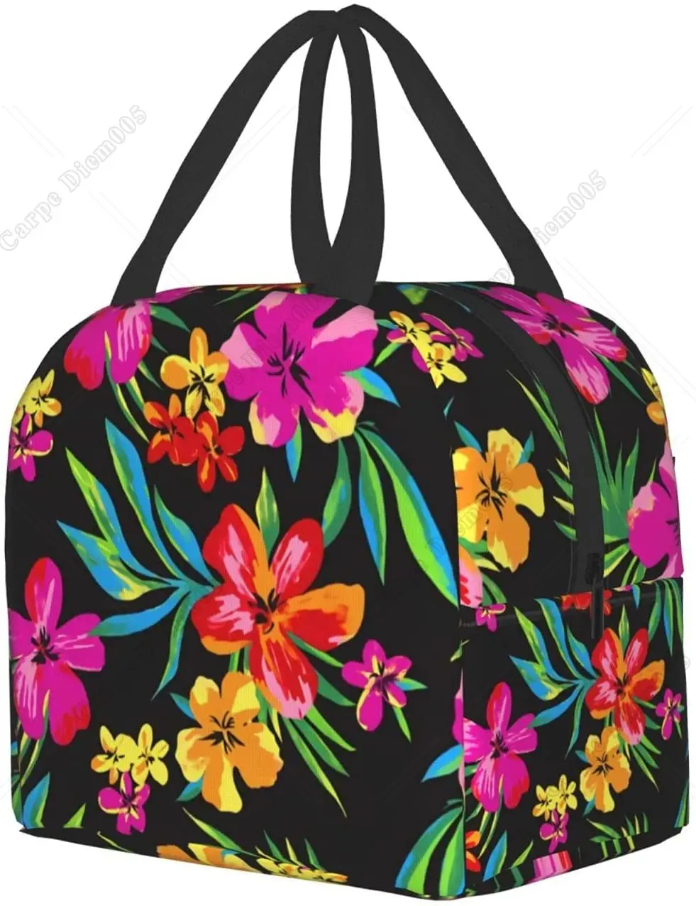 Hawaiian Pattern Flower Portable Lunch Bag Insulated Cooler Tote Box for Travel Picnic Work One Size for Men Women