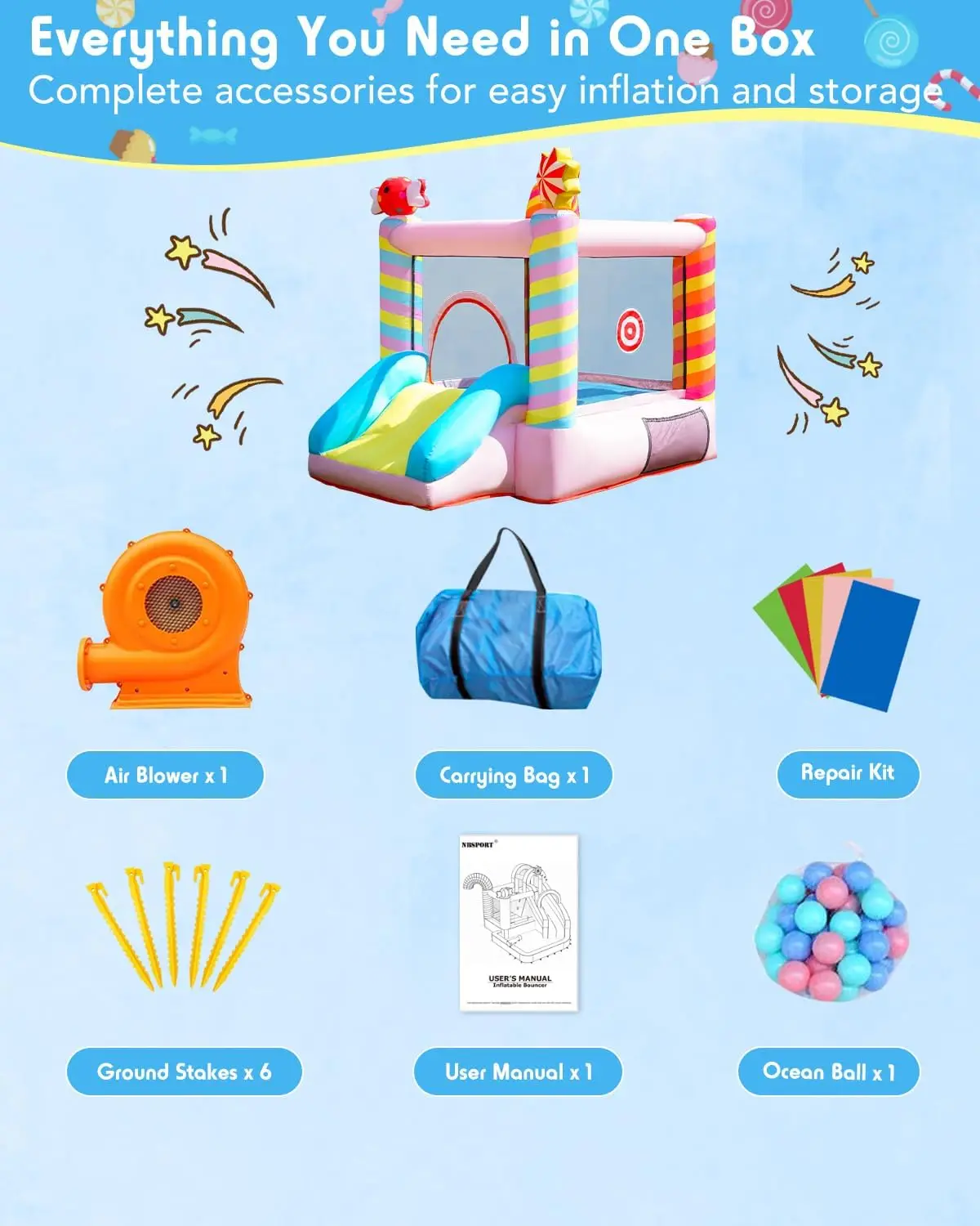 Casa de rebote - Casa de rebote inflable con tobogán para niños de 3 a 6 años, casa de rebote para niños con soplador, castillo inflable para patio familiar, Ju