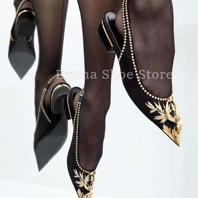 

Sexy Embroidered Pointed Toe Dress Shoes Metal Buckle Trendy Low Heel Back Trip Strap Women's Sandals Party Formal Flat Pumps