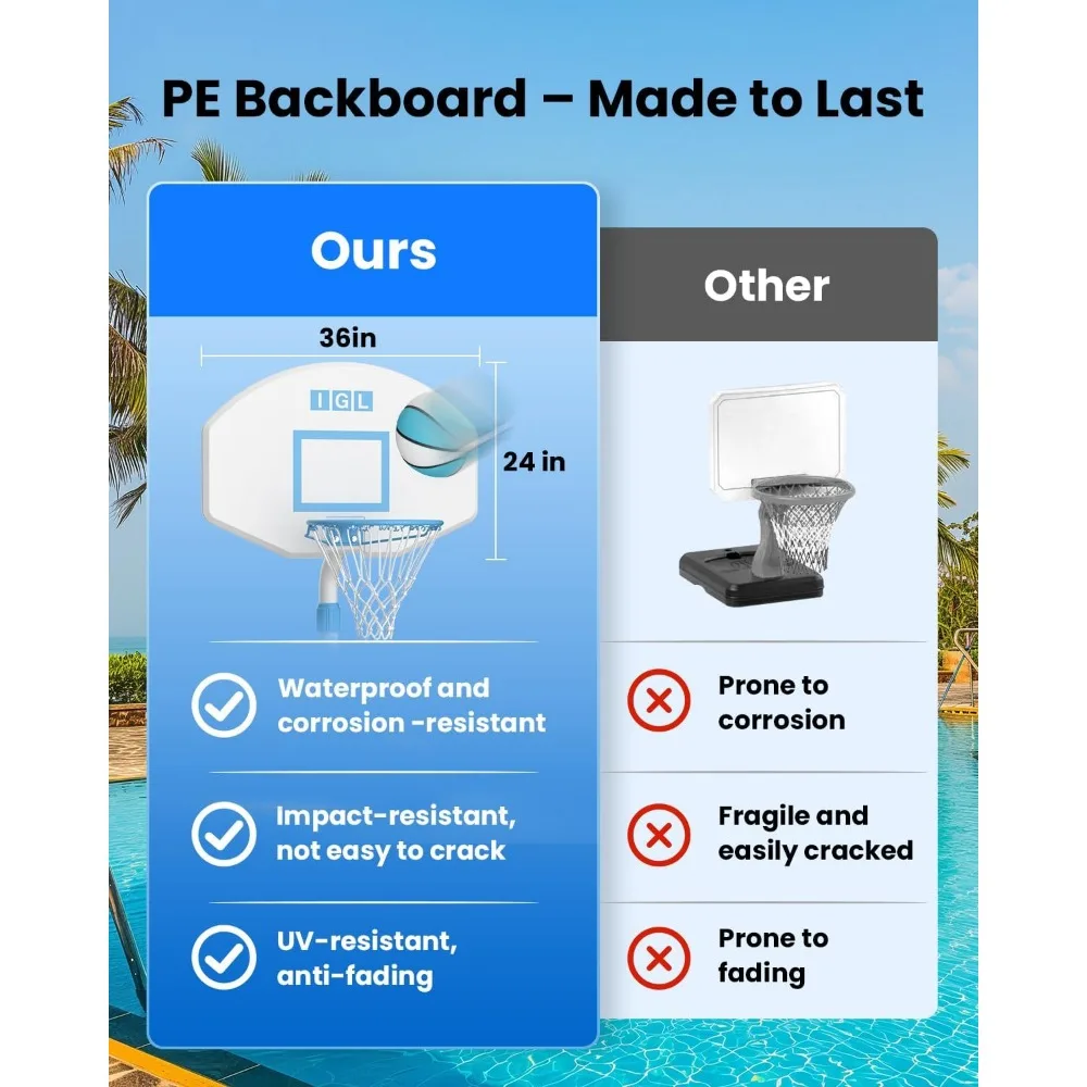 Баскетбольные ворота для бассейна с регулируемой высотой и 36-дюймовым фонарем для развлечений и упражнений на открытом воздухе
