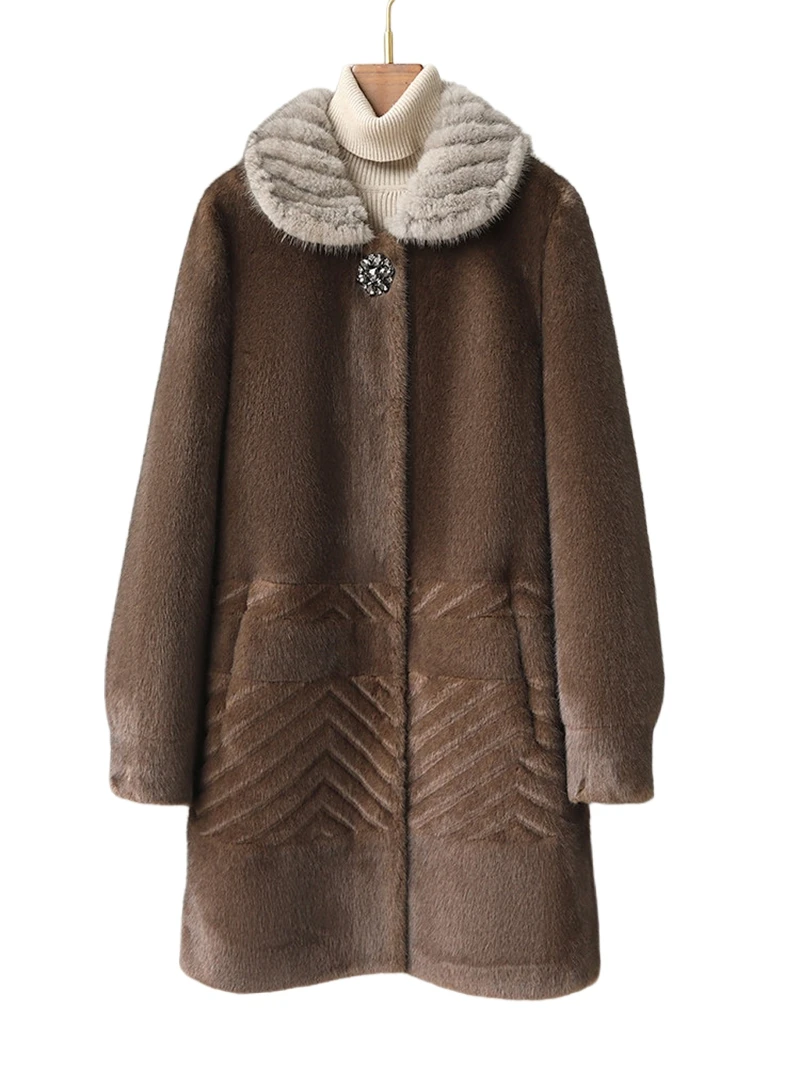 A medium-length mink fur coat with a mink collar for middle-aged and elderly mothers