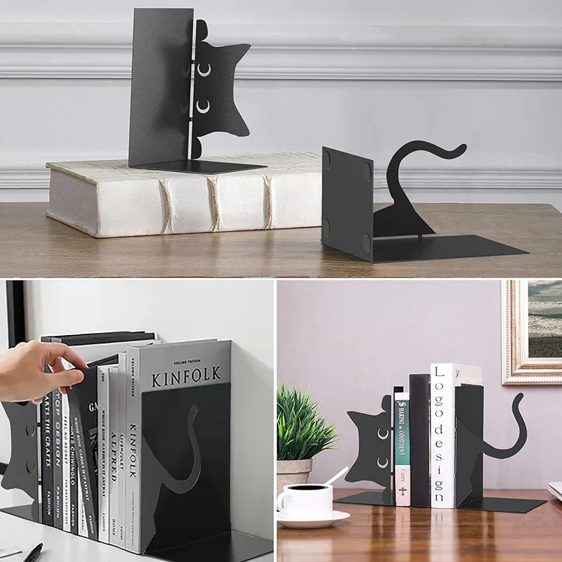 Cute Cat Bookends Housewarming Gift Heavy Duty Artwork Collection Anti Slip Modern Metal Book Ends for Shelf Office Living Room